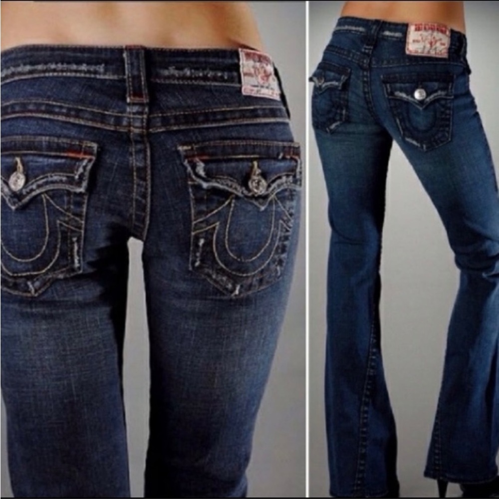 True Religion "Joey" Women's Flare Leg Dark Wash Jean, Flap Pocket, Sz 26